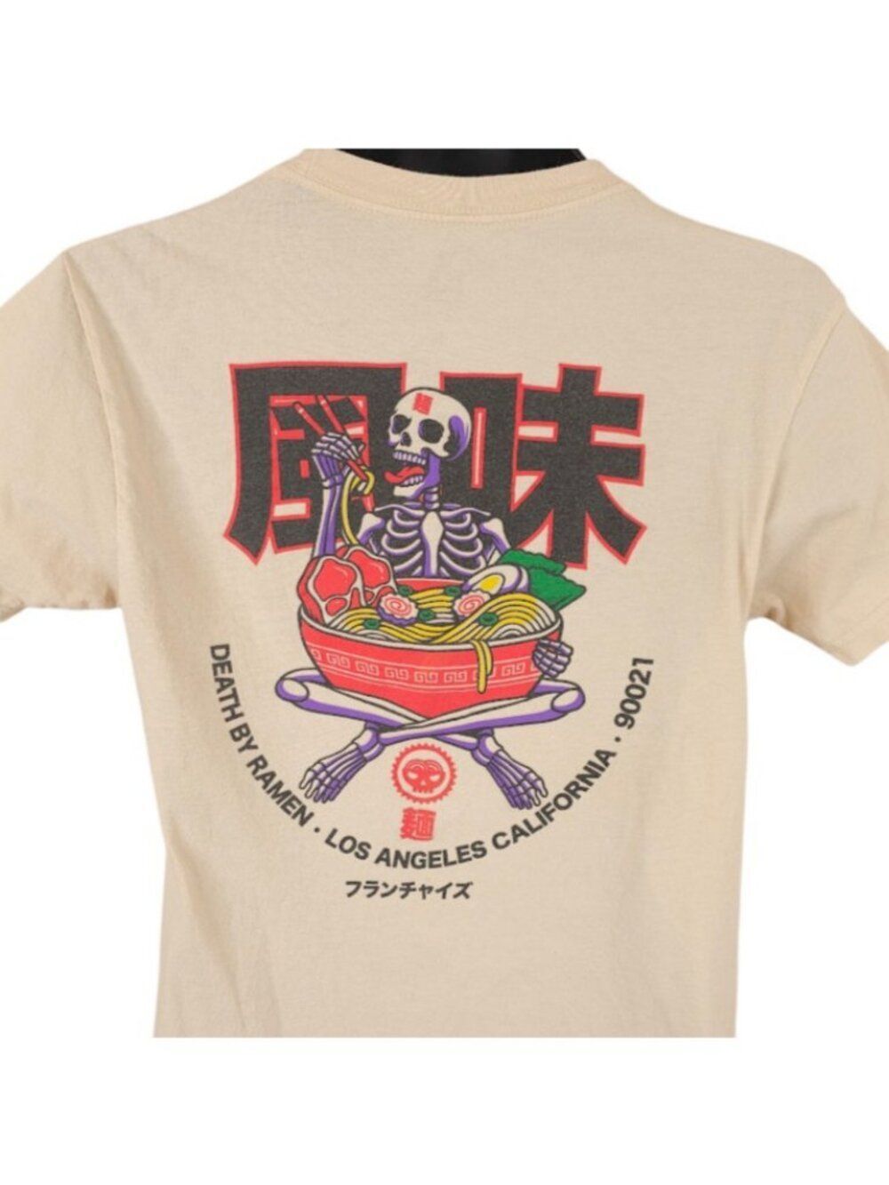 Death By Ramen T Shirt Mens Size Small Beige Skeleton Skull Snack Tee Noodles